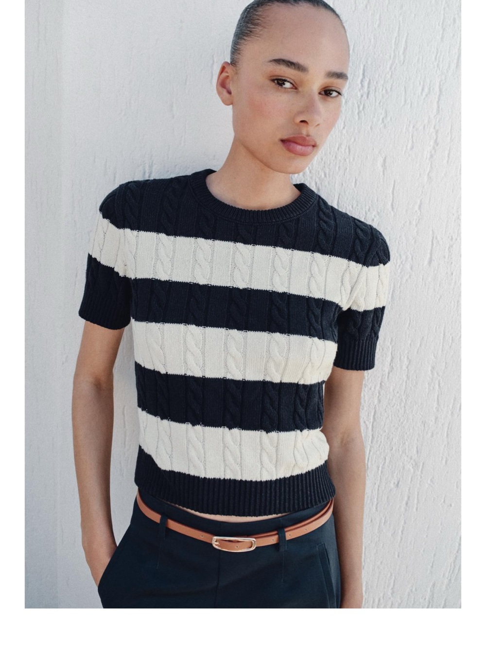 Zara Black & White Striped Cable Knit Crew Neck Top
